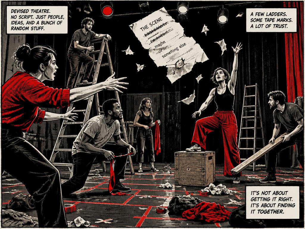 Ensemble devising a scene on a taped-up stage