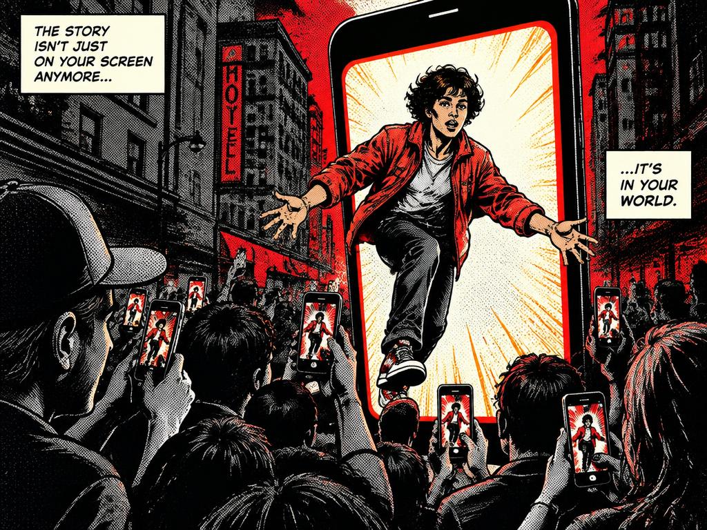 Performer stepping out of a phone screen into a crowd